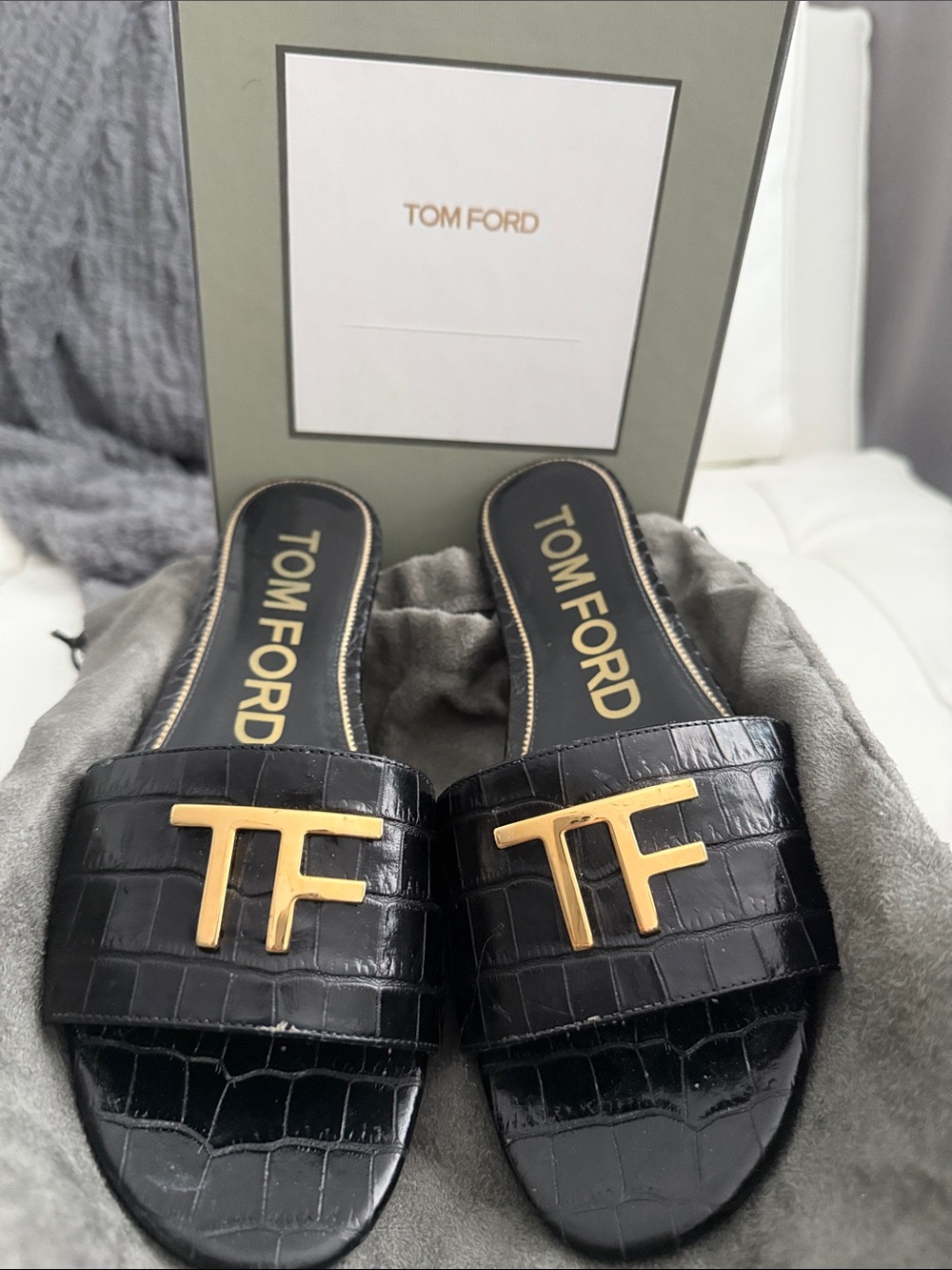 Tom Ford Black Croc-Embossed Slide Sandals with Gold TF Logo - Picture 2 of 14